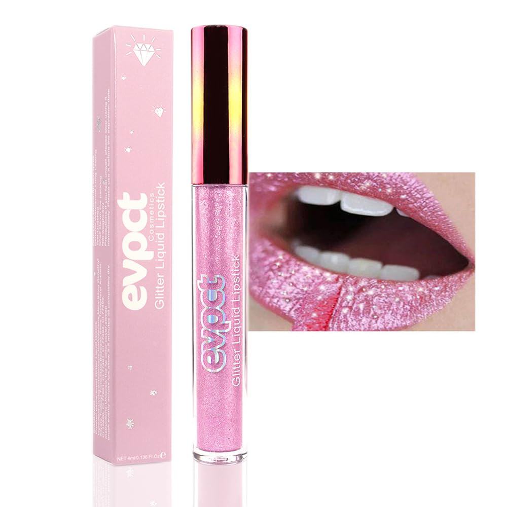 evpct 1Pcs Pink Glitter Metallic Shimmer Diamond Lipstick Lip Gloss for Women Long Lasting Waterproof, Light Bright Rose Pink Sparkle Glitter Matte Liquid Lipstick Lip Makeup Kit, 09#