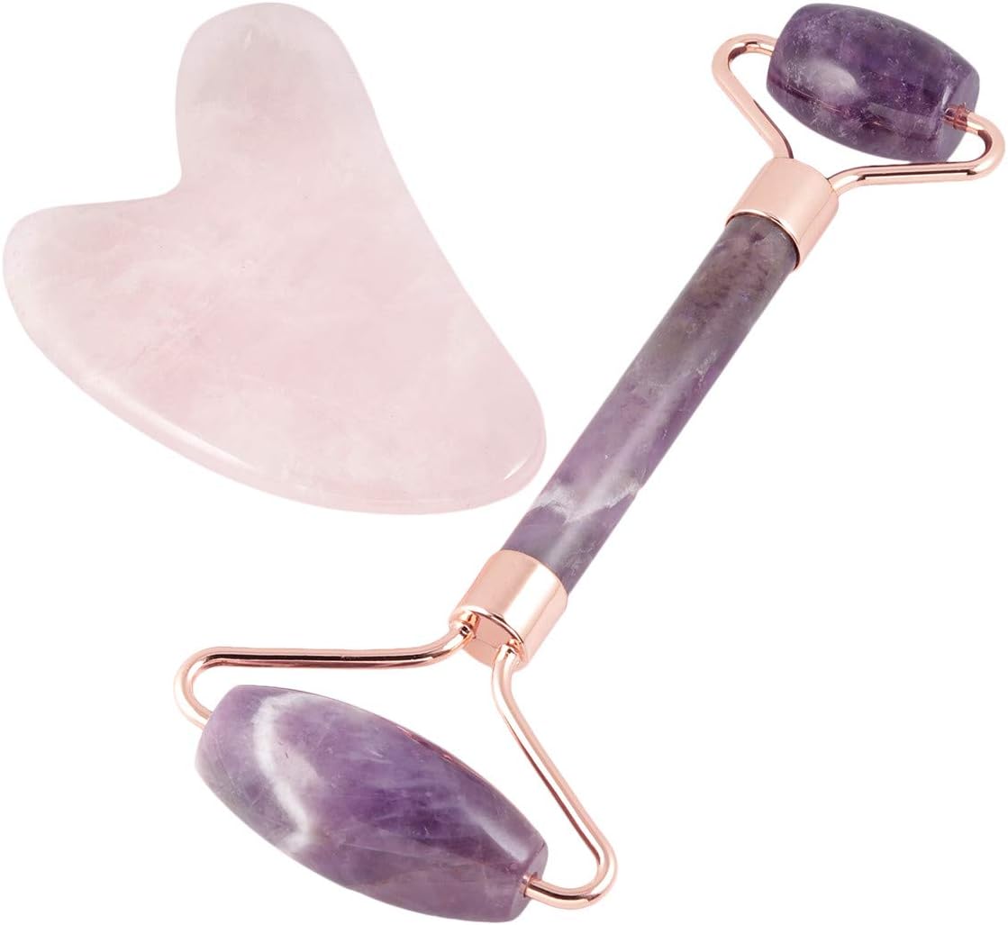 mookaitedecor Amethyst Roller & Rose Quartz Gua Sha Scraping Massage Tool Set, Face Massager for Wrinkles, Anti Aging