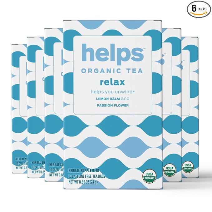HELPS TEAS | Helps Relax Tea | Relaxing Organic herbal blend of Lemon Balm and Passionflower. Fights Anxiety To Rest Better and Helps You Unwind | 16 Tea Bags - Pack of 6 |