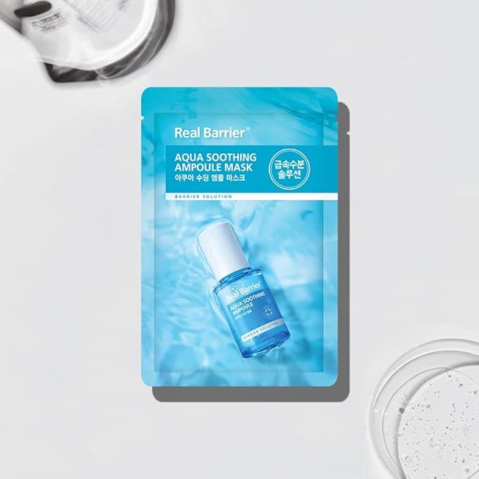 Real Barrier Aqua Soothing Ampoule Face Mask, 10ea, Low pH Korean Sheet Mask with Hyaluronic Acid, Cooling, Soothing, Clarifying, Hydrating