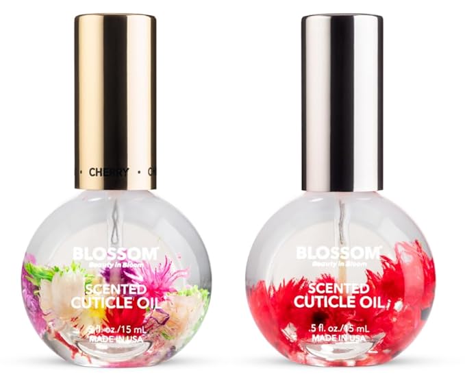 Blossom Hydrating, Moisturizing, Strengthening, Scented Cuticle Oil, Infused with Real Flowers, Made in USA, 2 Pack Bundle, Cherry + Amazon Exclusive Raspberry