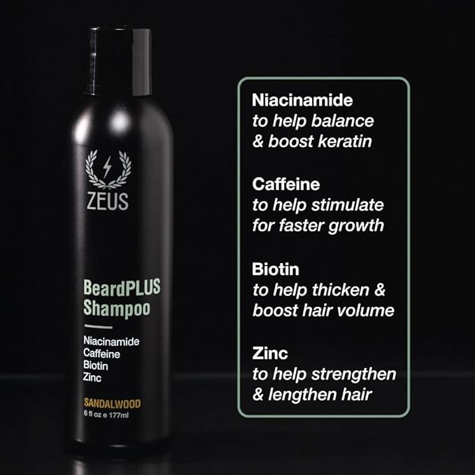 ZEUS BeardPLUS Shampoo for Men, Premium Beard Wash for Enhanced Growth, Thicker & Stronger Facial Hair with Biotin & Caffeine (Made in USA) 6 oz.