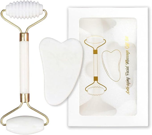 Jade Gua Sha Facial Tools Face Roller Set guasha Reduce Puffiness Wrinkles Improve Skin Tone Gua Sha Stone for Lifting Toning Skincare Beauty Tools for Men Women Self Care Gift Set (White)