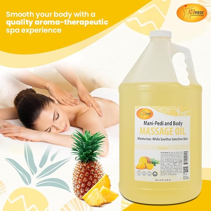 SPA REDI - Massage Oil, Pineapple, 128 Oz - Professional Pedicure, Manicure, Full Body Massage Therapy, Made with Almond Oil, Cotton Seed Oil, Sunflower Oil, Avocado Oil, Essential Oils, Vitamin E