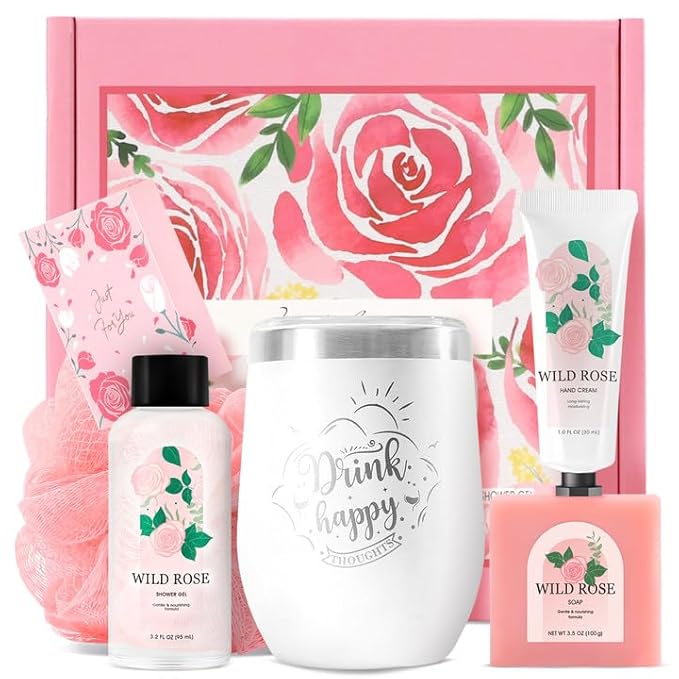 Skin Care Set Muse Lagoon Gift Baskets for Women 5 Pcs Rose Gifts for Her Includes Hand Cream Soap Sponge Shower Gel 355ml stainless steel tumbler, Christmas Gifts for Mom Sister