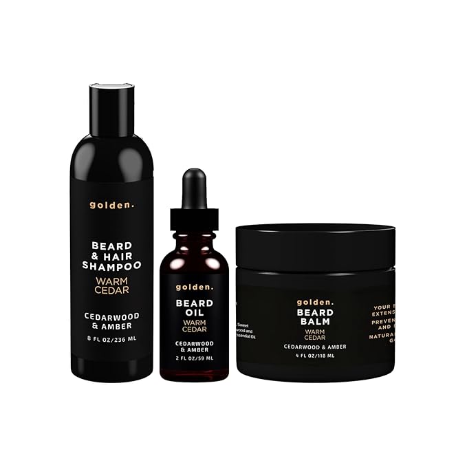 Golden Grooming Co. Everyday Beard Bundle – Complete Beard Care Set | Includes Beard Oil, Balm & Shampoo (XL, Warm Cedar)