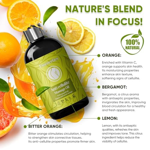Anti Cellulite Massage Oil (8 oz) - 100% Natural Anti Cellulite Oil for Thighs and Butt Firming - Skin Tightening Oil for Loose Skin with Grapefruit, Lemon & Sweet Orange Essential Oils