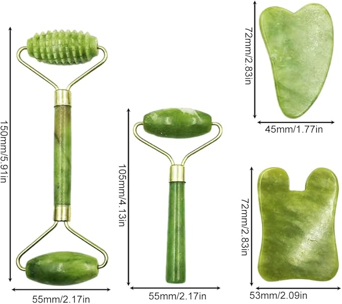 Bibabala 4-PCS Face Roller and Gua Sha Set, Skin Care Roller, Jade Roller Set, Face Stone Facial Roller Massage Tool for Face Eyes Neck Body, Smooth Wrinkles & Eye Puffiness(Green)