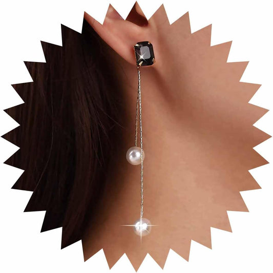 Vintage Black Crystal Pearl Drop Earrings Gold Long Tassel Pearl Earrings Rhinestone Pearl Chain Earrings Black Square Crystal Earrings Jewelry for Women