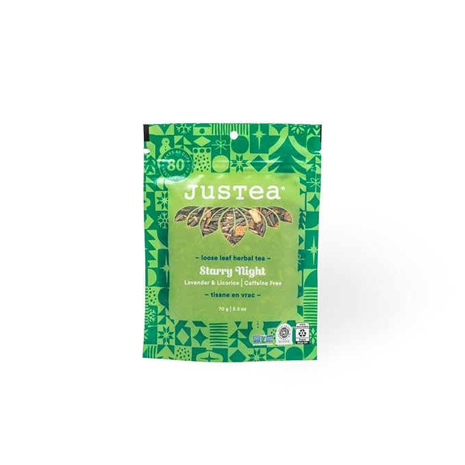 JusTea STARRY NIGHT | Loose Leaf Herbal Tea | Recyclable Refill Pouch | 40+ Cups (2.5oz) | Caffeine Free | Award-Winning | Fair Trade | Non-GMO