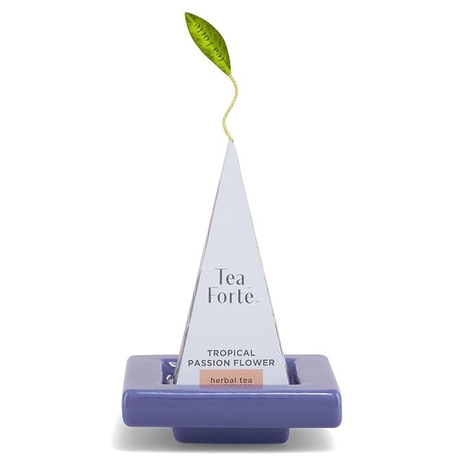 Tea Forte Demoiselle 3-Piece Premium Tea Gift Set with Indigo Cafe Cup and Lid, Tea Tray and 10 Count Mini Presentation Box, 2 of Each Blend Handcrafted Pyramid Infuser Tea Bags