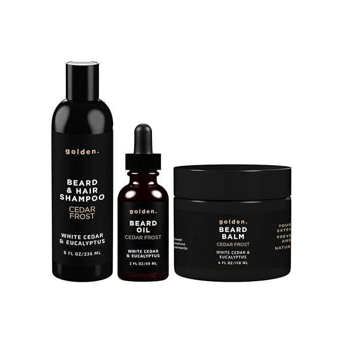 Golden Grooming Co. Everyday Beard Bundle – Complete Beard Care Set | Includes Beard Oil, Balm & Shampoo (XL, Cedar Frost)