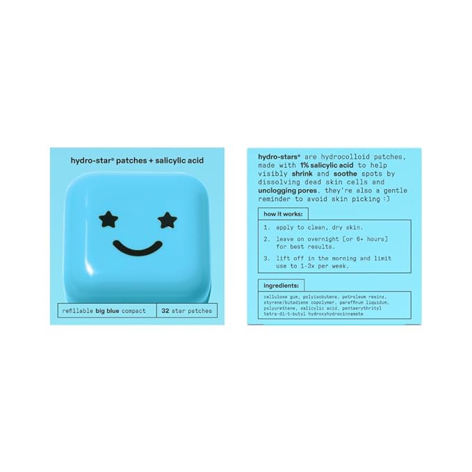 Starface Hydro-Star + Salicylic Acid Pimple Patches and Big Blue Compact, Helps Shrink and Soothe Deeper Spots, Cute Star Shape, Vegan, 32 count