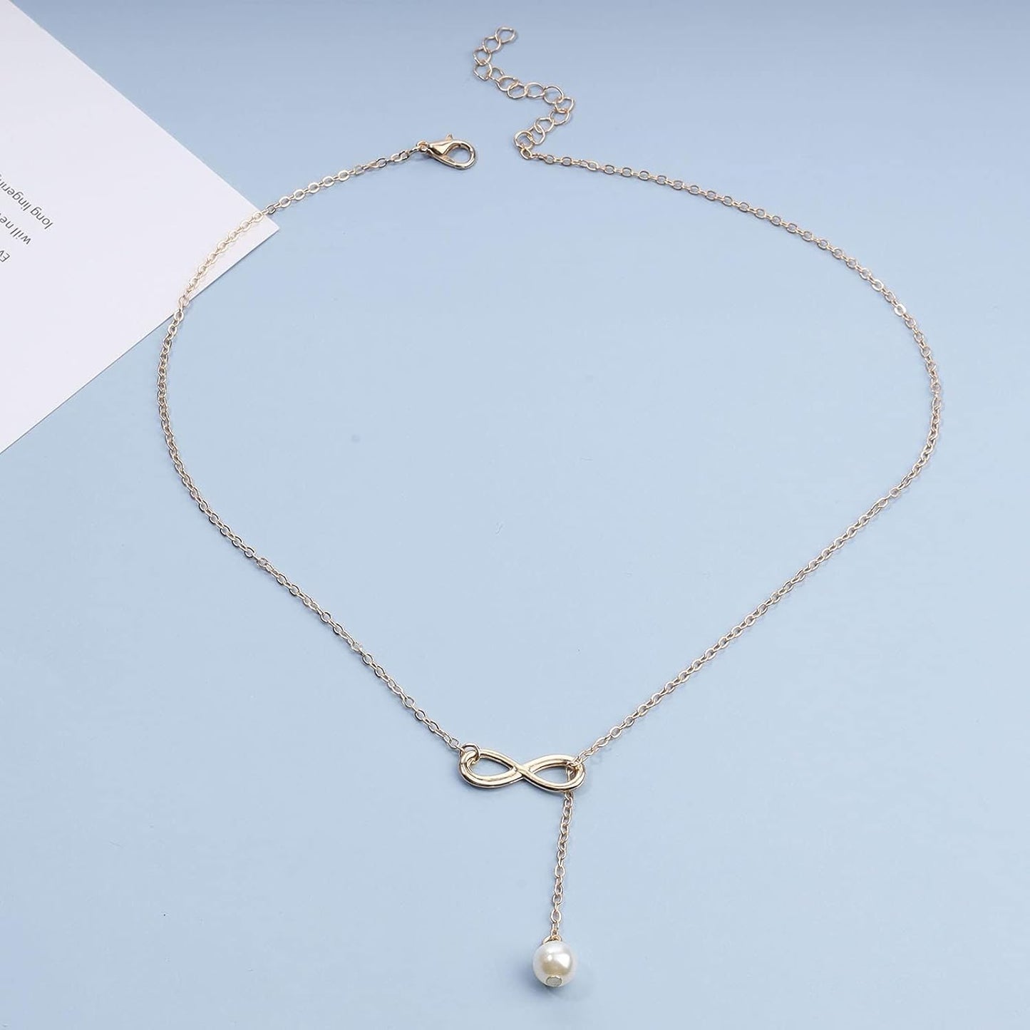 Boho Pearl Infinity Necklace Silver Y Pearl Necklace Minimalist Chain Y Lariat Necklace Chain Jewelry for Women and Girls