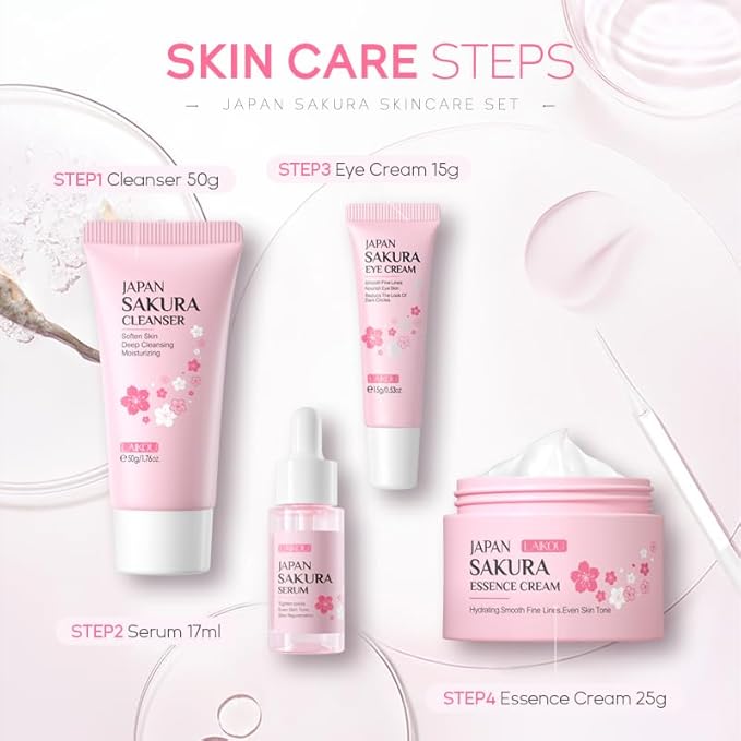 Skin Care Set JAPAN SAKURA Beauty Gift Sets Skin Care Kit with Cleanser, Serum, Eye Cream, Face Cream Travel Kit for Women Mom Wife Teen Girls Gentle Skin Cleaning TSA-friendly Sizes 4pcs
