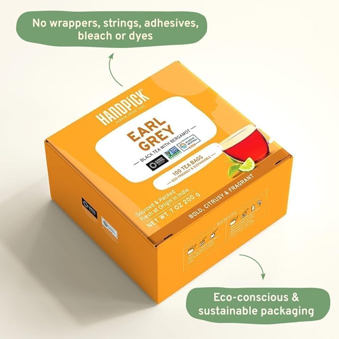 HANDPICK, Earl Grey Black Tea Bags (100 Count) Double Bergamot Oil | Caffeinated, Earl Grey Tea Bags | Flavoured With Citrus and Bergamot Brew Hot/Iced Tea with or without milk