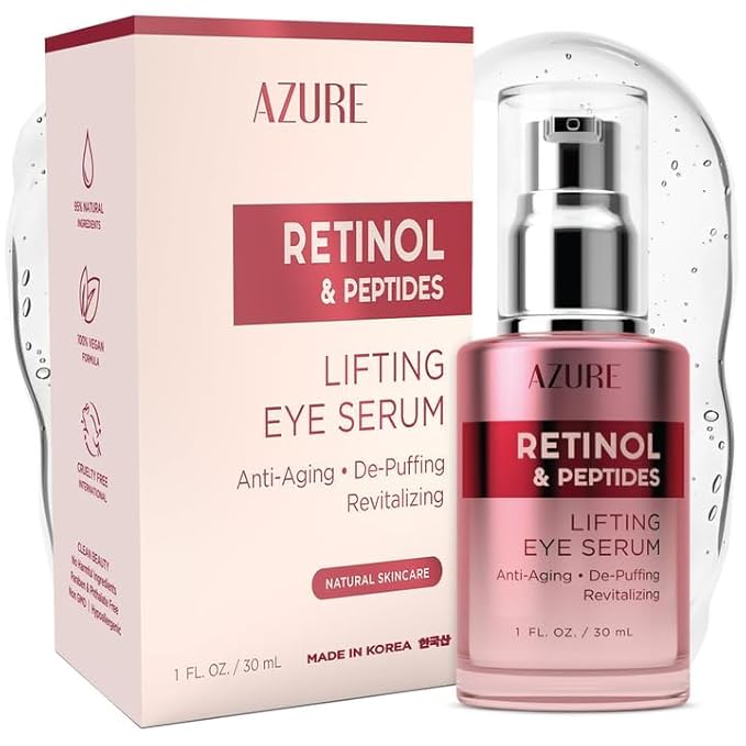 Azure Cosmetics Retinol & Peptides Lifting Eye Serum - Anti Aging, De-Puffing & Revitalizing Dark Circle Corrector - Reduces Wrinkles, Fine Lines & Under Eye Bags - Made in Korea - 30mL / 1 fl.oz.
