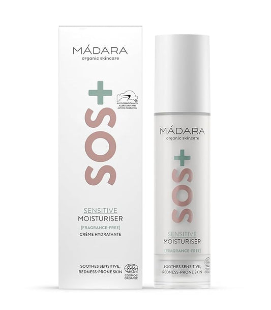 MÁDARA Organic Skincare | SOS+ SENSITIVE Moisturiser, 50ml – Lightweight sensitive skin moisturiser for redness-prone and reactive complexions, With hyaluronic acid and red algae, Fragrance-free.