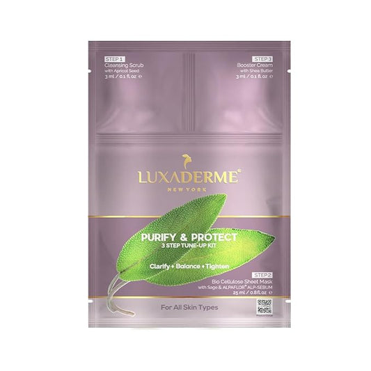 LuxaDerme Purify & Protect 3 Step Tune-Up Kit - Cleansing Scrub, Bio Cellulose Sheet Mask, Booster Cream