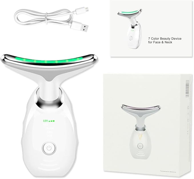 Facial Beauty Device, Face Massager Tool for Skin Care, Based on Triple Action LED, Thermal, and Vibration Technologies, Red and Blue LED Light, 7 Color Led Face and Neck Massager for Home Use