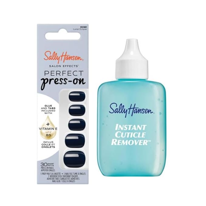 Sally Hansen Instant Cuticle Remover & Salon Effects Lunar Eclipse Press On Nails Kit - 15 Second Cuticle Gel with Aloe & 30 Nail Designs with Nail Glue