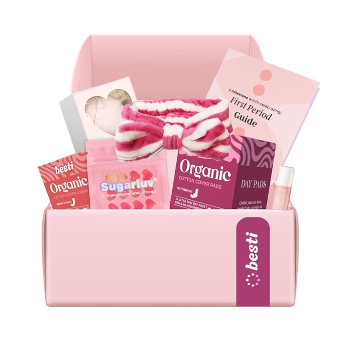 Besti First Period Kit for Girls (Ages 9-12) | Organic Pads & Liners, Pimple Patches, Bath Bomb, Lip Balm, Spa Headband & First Period Guide | Self-Care Gift Box for Teens – Menstrual Starter Kit
