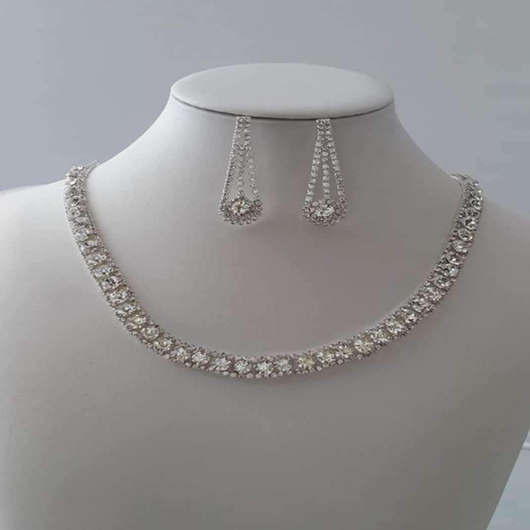 Yean Bride Silver Necklace Earrings Set Rhinestone Bridal Wedding Jewelry Sets Crystal Choker Necklace for Women (Set 3)
