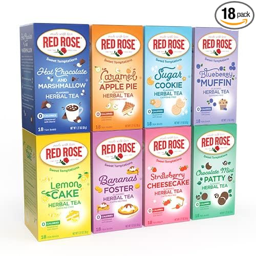 Red Rose Sweet Temptations Dessert Tea Variety Pack, Zero Sugar, Caffeine-Free Flavored Delicious Beverage Herbal Tea, 18 Count Pack of 8 Fruit Naturally Flavored Herbal Tea Gift Set
