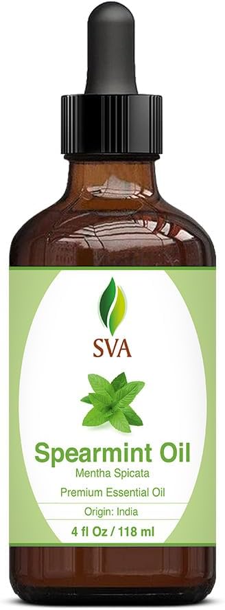 SVA Spearmint Essential Oil – 4 Fl Oz – 100% Natural Spearmint Oil - for Diffuser, Hair Care, Face, Skin Care, Aromatherapy, Scalp and Body Massage, Soap and Candle Making – with Dropper