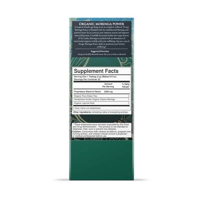 Térapy Ceylon Organic MORINGA TEA | USDA Organic Herbal Tea Bags| Helps with Vitality & Antioxidants | 100% Natural Ayurvedic Ingredients | 20 Individually Wrapped Tea Bags