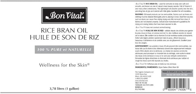 Bon Vital' Rice Bran Oil, 100% Pure and Cold Pressed Carrier Oils for Diffusers, Professional Massage Oil, Best Beauty Secret for Soft & Smooth Skin, Moisturizer, 1 Gallon Bottle