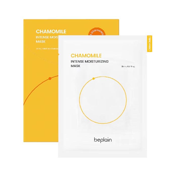 beplain Chamomile Intense Moisturizing Facial Mask, Hydrating & Soothing Sheet Mask for Sensitive, Dry Skin | Vegan | Elasticity Improvement | Fragrance-Free | Korean Skin Care | 5ea