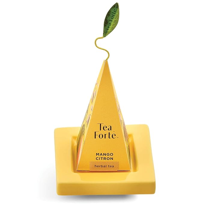 Tea Forte Paradis 3-Piece Mother's Day Tea Gift Set with Mango Yellow Cafe Cup with Lid, Tea Tray and 10 Assorted 2 of Each Variety Organic Handcrafted Pyramid Infuser Tea Bags