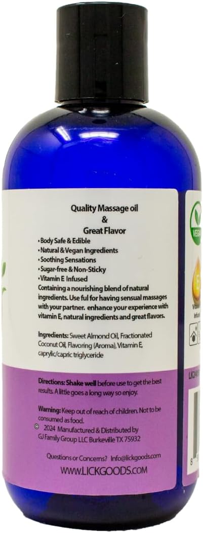 Lick Strawberry Bliss Edible Massage Oil – Natural, Sensual Body Oil for Couples, Hydrating, 8 oz