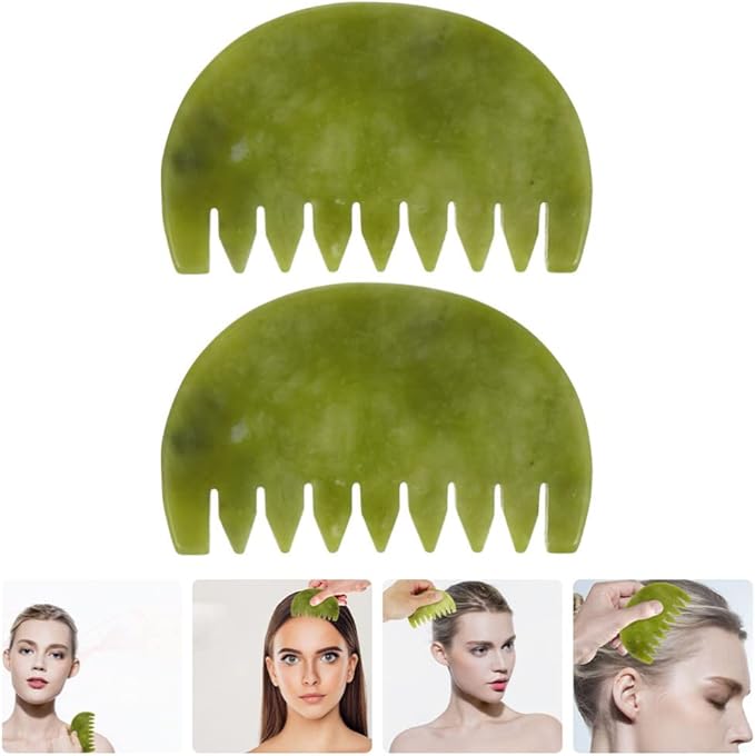 Healifty Jade Stone Massage Comb 2Pcs - Guasha Scalp Comb, Handheld Gua Sha Scraping Massage Tool for Head Caring, Relax (Olive Green)