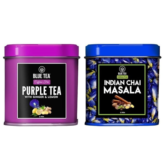 BLUE TEA - Combo Pack - Blue Tea Indian Chai Masala & Purple Tea Spiced (100 Gram - 100 Cups) | FATHERS DAY GIFT | Super Anti-Oxidant | Caffeine Free Herbal Tea | Vegan - GMO-Free - caffeine-free