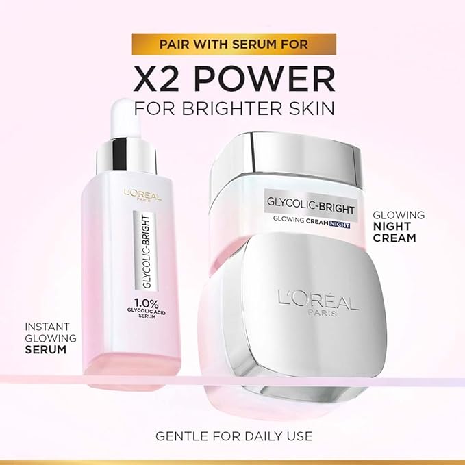 L'Oreal Paris Glycolic Bright Glowing Night Cream, 15ml |Overnight Brightening Cream with Glycolic Acid that Visbily Minimizes Spots & Reveals Glowing skin