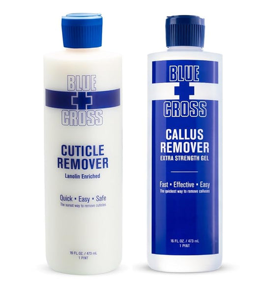 Blue Cross Hydrating, Moisturizing, Strengthening Cuticle Remover Oil with Lanolin + Extra Strength Callus Remover Gel for Heel or Feet, 16 oz each, 2 pack Bundle