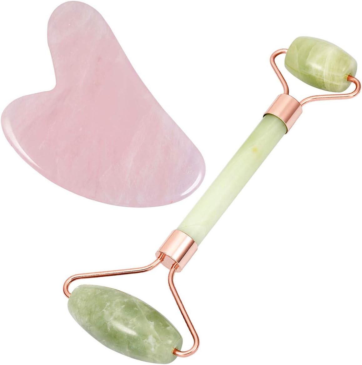 mookaitedecor Xiuyan Jade Roller & Rose Quartz Gua Sha Scraping Massage Tool Set, Face Massager for Wrinkles, Anti Aging