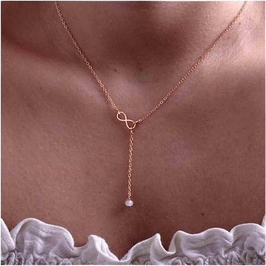 Boho Pearl Infinity Necklace Silver Y Pearl Necklace Minimalist Chain Y Lariat Necklace Chain Jewelry for Women and Girls