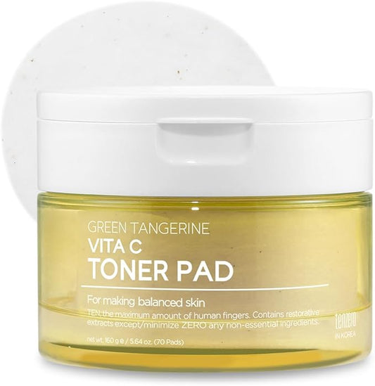 TENZERO Green Tangerine Vita C Toner Pad 70ea, 100% Natural Cotton, Moisturizing Brightening, Korean Facial Toner Pads, Blemishes Dull Skin, 160g