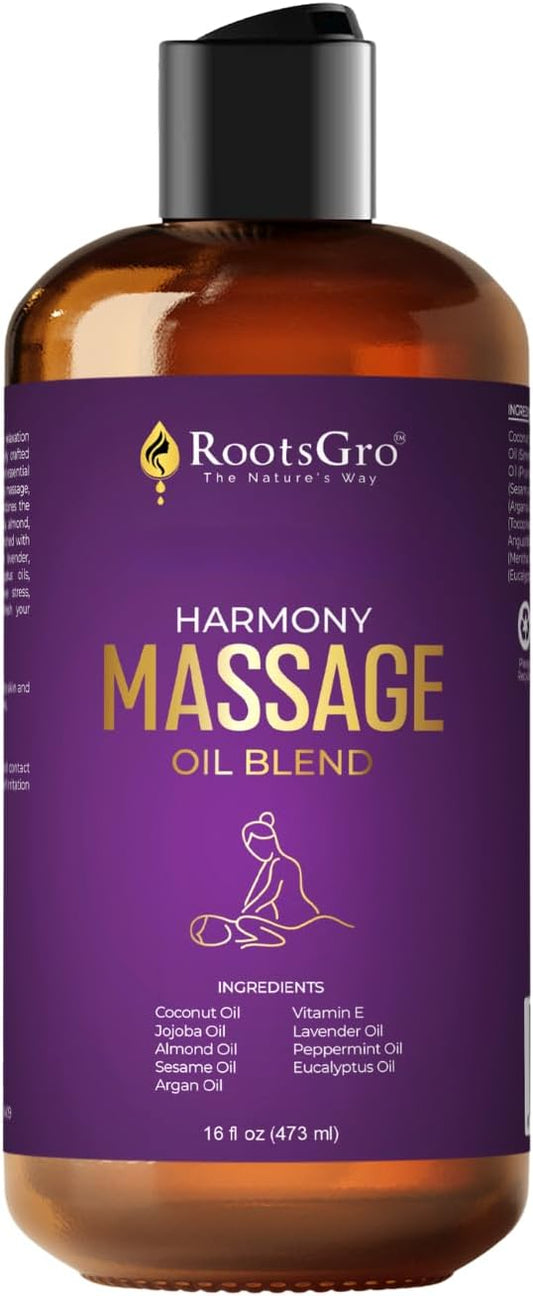 Harmony Massage Oil - Hydrating Blend with Coconut, Jojoba, Almond, Argan Oil & Vitamin E - with Lavender, Peppermint & Eucalyptus - Ideal for Massage, Moisturizing & Relaxation - 16 Fl Oz