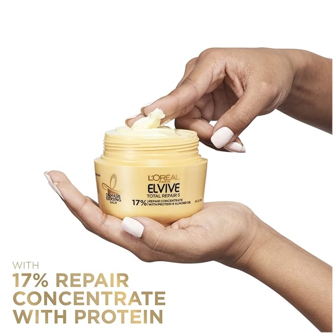 L'Oreal Paris Hair Care Elvive Total Repair 5 Damage Erasing Balm, Conditioning Hair Mask for Damaged Hair, with Almond and Protein, 8.5 fl; oz, (Pack of 2)