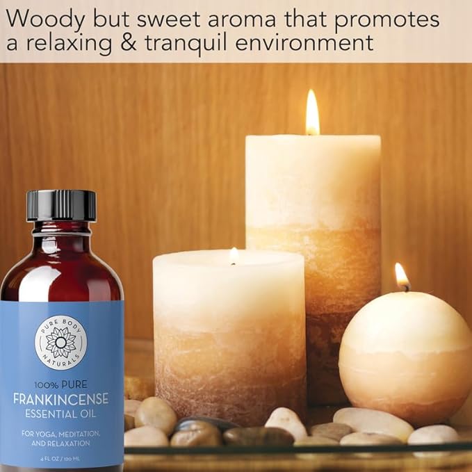 Pure Body Naturals Frankincense Essential Oil for Diffuser and Skin, Relaxation, Meditation and Yoga, 4 fl oz