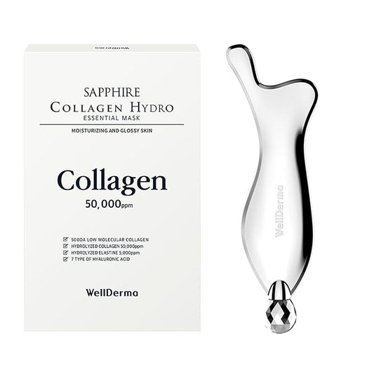 WELLDERMA 2 in 1 Gua Sha & face Roller Metal Tool & Collagen mask Set