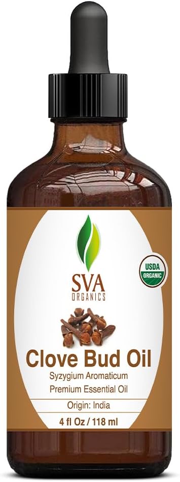 SVA Clove Essential Oil Organic – 4 Fl Oz – 100% Natural Organic Clove Oil - for Diffuser, Hair Care, Face, Skin Care, Aromatherapy, Scalp and Body Massage, Soap and Candle Making - with Dropper