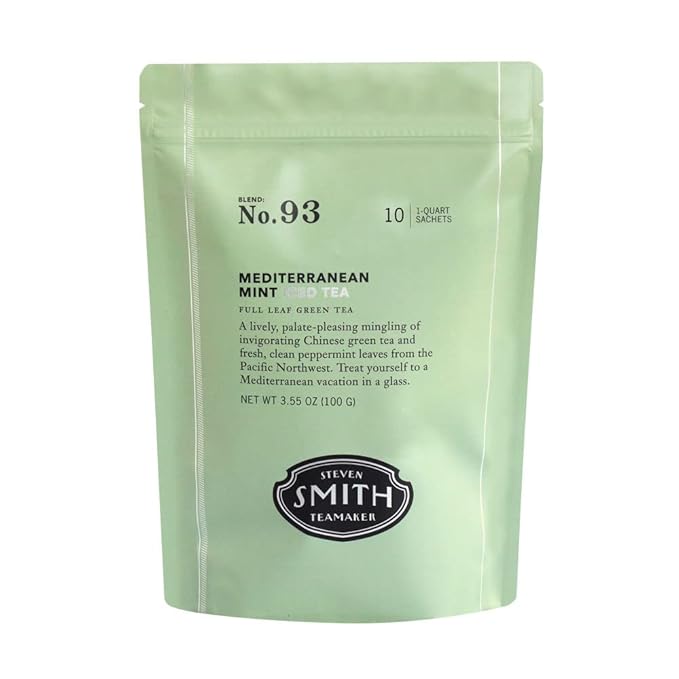 Smith Teamaker Mediterranean Mint Iced Tea No. 93, Refreshing, Caffeinated, Sustainably Grown, Full Leaf Green Iced Tea, 10 Count, 1 Quart Sachets