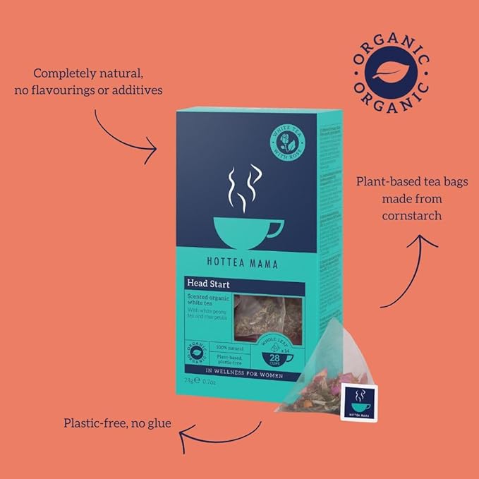 HOTTEA MAMA Head Start an Organic White Tea and Rose herbal blend | A Slow Release Caffeine Blend a l-theanine tea | Supporting Alertness & Brain fog | 14 Pyramid Sachets per box