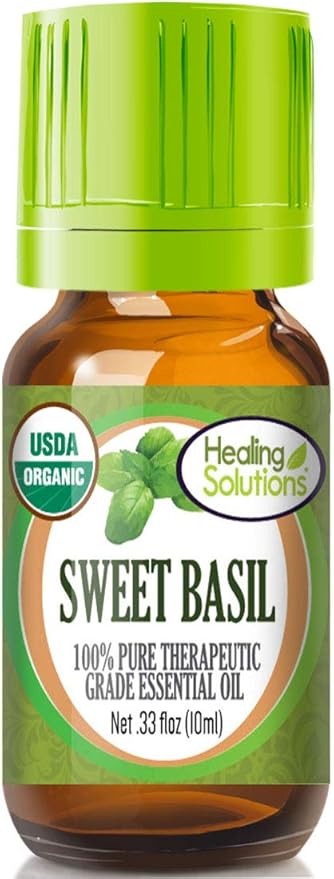 Healing Solutions Sweet Basil Essential Oil 10ml (0.33 oz) – Organic, Pure, Undiluted, Aromatherapy Basil Oil, Therapeutic Grade