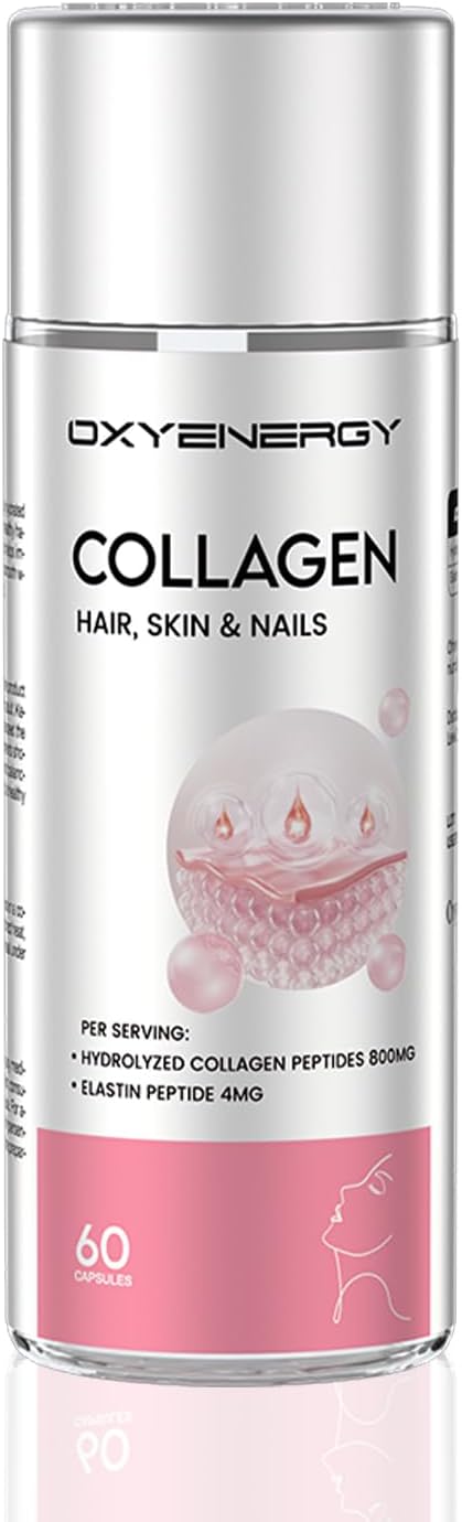OxyEnergy Collagen Peptides Capsules for Women, 800mg Hydrolyzed Collagen(Types I) Supplements with Elastin Peptides, 60 Collagen Pills to Promotes Hair, Nail, Skin, Colágeno en Capsulas
